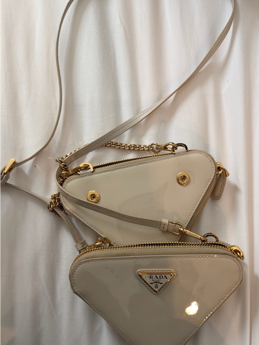 Prada Cream Leather Triangle Crossbody with Gold Chain Trim - Picture 6 of 8